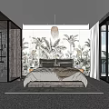 Hotel Guest Room Featuring Tropical Plant Wallpaper Rattan Pendant Light Bed Floor To Ceiling Windows