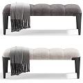 Tufted Upholstered Bench with Light and Dark Gray Fabric Black Legs and Gray Throw Blanket