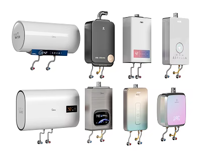 Different Types of Household Water Heaters with Modern Designs and Digital Display Panels 3d model