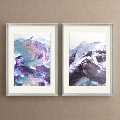 Two Abstract Paintings In White Frames With Purple Blue Hues And Fluid Swirling Textures 3d model