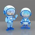 Two Blue Astronaut Style Cartoon Sculptures With Spacesuit Helmet Waving And Standing Pose 3d model