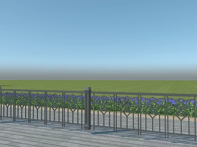 Black Decorative Pattern Fence On Wooden Deck With Purple Flowers Green Grassland Blue Sky 3d model