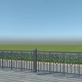 Black Decorative Pattern Fence On Wooden Deck With Purple Flowers Green Grassland Blue Sky
