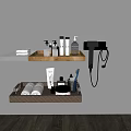 Bathroom Essential Items On Organized Shelves With Towels Toiletries Skincare Products And Hair Dryer