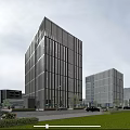 Modern Glass Curtain Wall Office Building In Urban District With Adjacent Structures And Daytime Street Scene