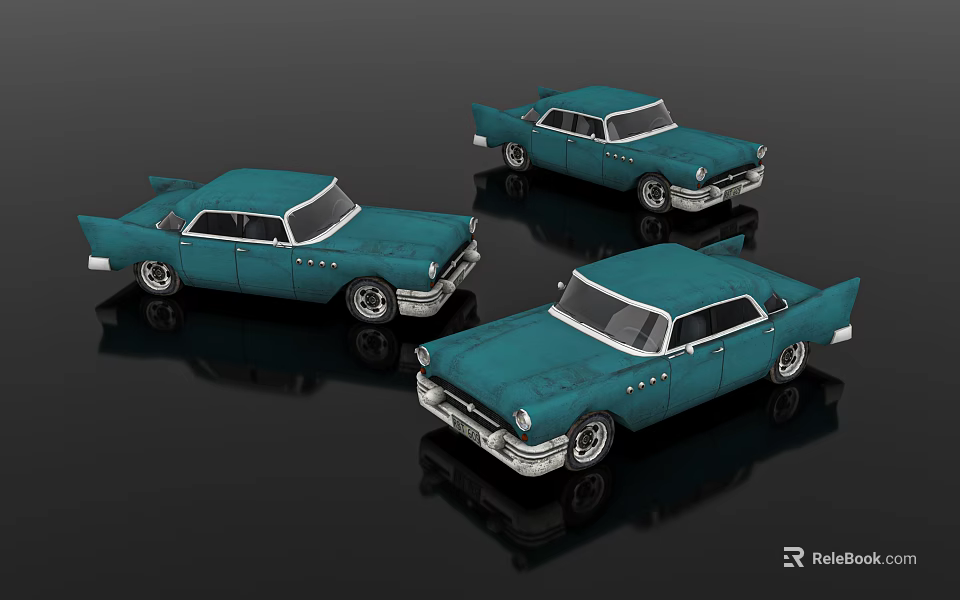 Three Blue Vintage Classic Cars With Retro Design And Shiny Wheels 3d model 