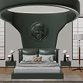 Modern Double Bed with Green Leather Headboard Unique Design Circular Ornament Bedside Tables and Lamps