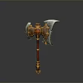 Ornate Double Bladed Axe With Golden Decorative Accents Red Wrapped Handle And Silver Blades