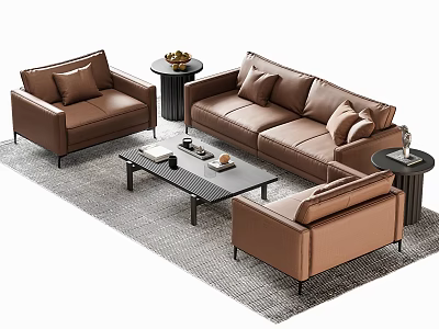 Modern Brown Leather Sofa Set With Coffee Table Armchairs And Side Tables On Rug 3d model