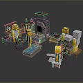 Pixel Style Scene Components Including Stone Structure Workbench Glowing Pillars Chests Pool And Weapon 3d model