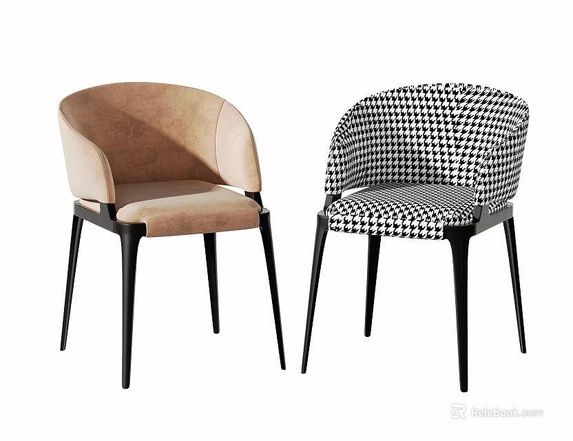 Two Modern Upholstered Accent Chairs With Beige And Houndstooth Pattern Black Legs 3d model
