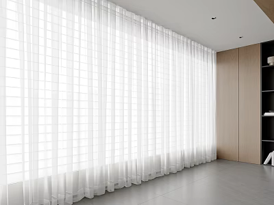 Modern White Sheer Curtains with Light Filtering Effect in Spacious Room with Wooden Cabinetry 3d model
