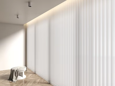 White Vertical Curtains In Modern Interior With Natural Light Wooden Floor And White Stool 3d model