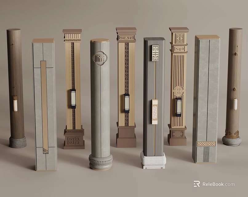 Architectural Pillars in Various Classical Modern Styles with Decorative Textures and Details 3d model 
