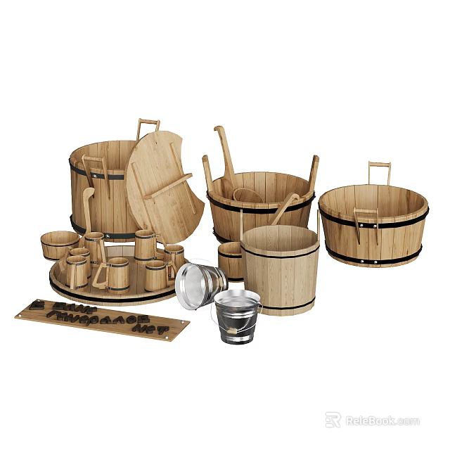 Natural Wooden Kitchenware Collection Including Buckets Spoons Cups And Serving Tray 3d model