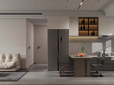Modern Living Dining Area Interior with Sofa Dining Table Refrigerator and Kitchen Cabinets 3d model