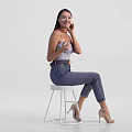 Woman In White Tank Top And Blue Jeans Sitting On Stool Gesturing With High Heels 3d model