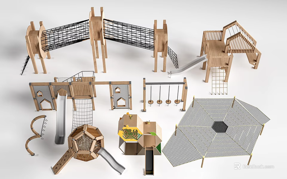 Outdoor Playground Equipment With Wooden Climbing Structures Slides Swings And Net Areas 3d model 