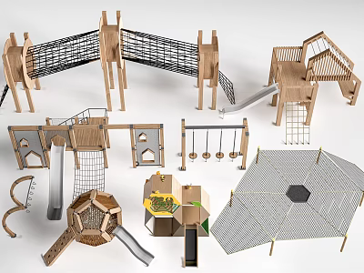 Outdoor Playground Equipment With Wooden Climbing Structures Slides Swings And Net Areas 3d model