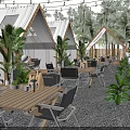 Outdoor Café With Tent like Structures String Lights Green Plants Wooden Tables on Gravel Floor