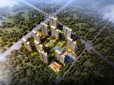 Aerial View Planning of Modern Residential Complex with High Rise Buildings Green Spaces and Roads 3d model