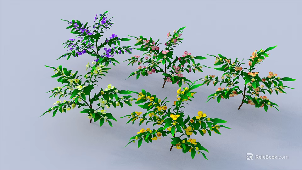 Colorful Decorative Plants with Purple Pink Yellow White Flowers and Lush Green Leaves 3d model 