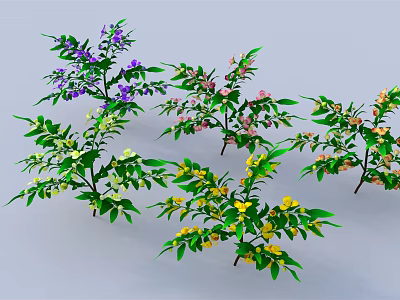Colorful Decorative Plants with Purple Pink Yellow White Flowers and Lush Green Leaves 3d model