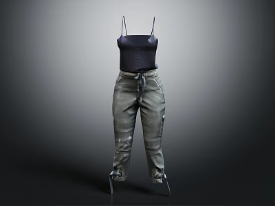 Black Spaghetti Strap Cami Top With Khaki Cargo Pants Drawstring Waist And Utility Pockets 3d model