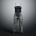 Black Spaghetti Strap Cami Top With Khaki Cargo Pants Drawstring Waist And Utility Pockets