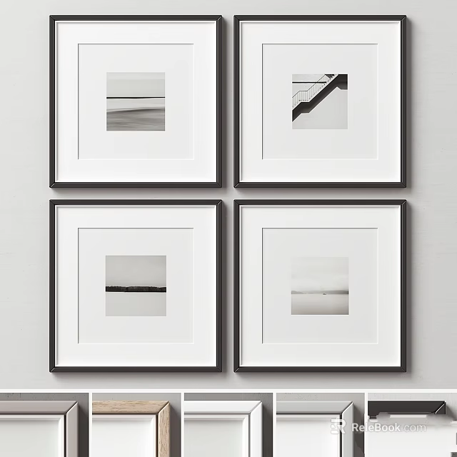 Four Black And White Framed Artworks Hanging On Minimalist Wall Decor 3d model 