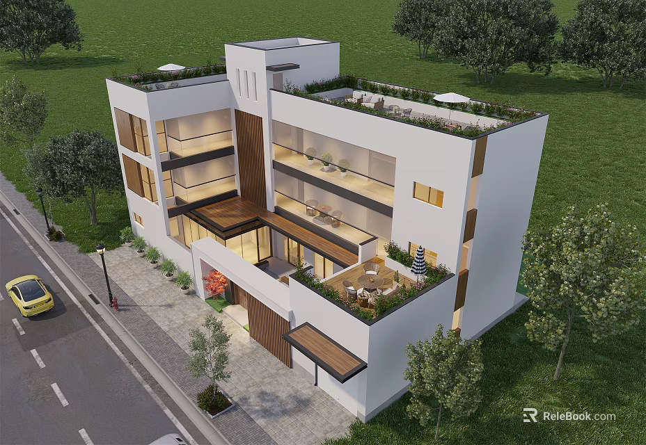 Modern Detached Villa With Three Story Design Green Roof And Garden Surroundings 3d model 
