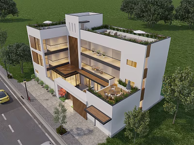 Modern Detached Villa With Three Story Design Green Roof And Garden Surroundings 3d model