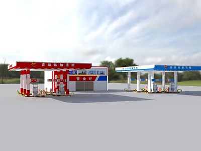 Modern Gas Station Featuring Red White Blue Buildings Convenience Store And Fuel Pumps 3d model