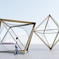Large Scale Geometric Landscape Sculptures With Metal Frame Mesh Structure In Outdoor Open Space