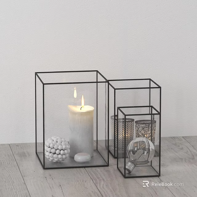 Decorative Ornament Set With Black Metal Frame Glass Containers Lit Candle And White Spherical Ornament 3d model 