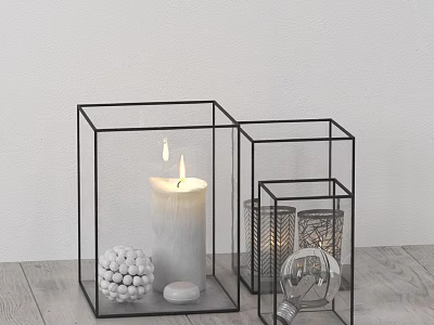 Decorative Ornament Set With Black Metal Frame Glass Containers Lit Candle And White Spherical Ornament 3d model