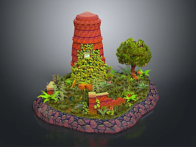 Red Brick Tower Covered With Green Vines Surrounded By Lush Plants Tree And Stone Base 3d model