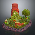 Red Brick Tower Covered With Green Vines Surrounded By Lush Plants Tree And Stone Base