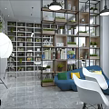 Modern Office Interior Design With White Desk Computer Shelves And Green Plants