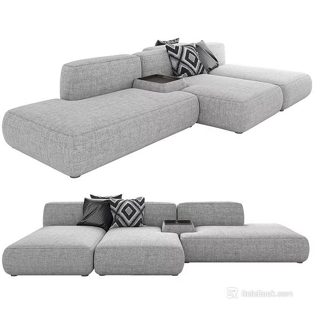 Modern Gray Fabric Sectional Sofa With Geometric Pattern Pillows And Side Table 3d model