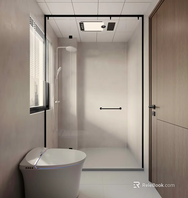 Modern Bathroom Interior Featuring Glass Shower Enclosure Black Grab Bar White Toilet And Wooden Door 3d model 