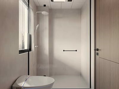Modern Bathroom Interior Featuring Glass Shower Enclosure Black Grab Bar White Toilet And Wooden Door 3d model