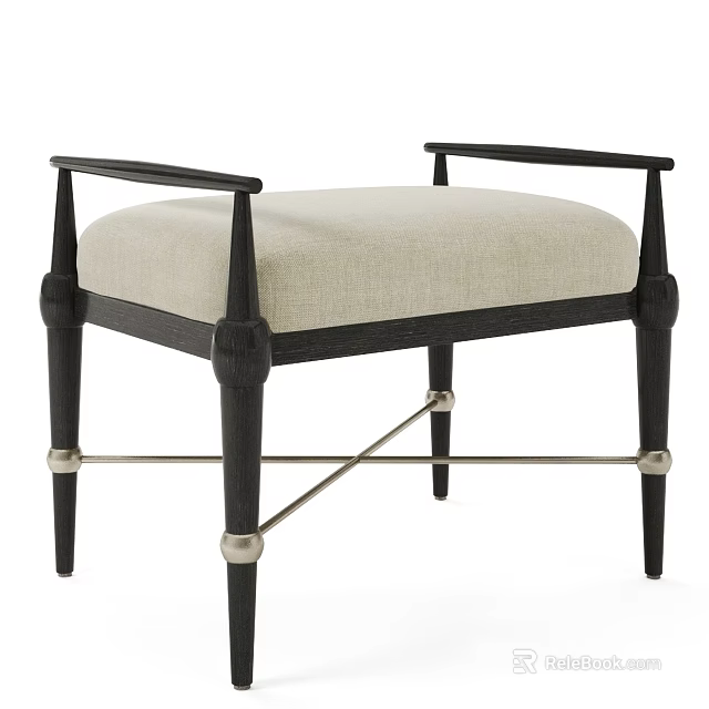 Stylish Upholstered Bench With Black Frame Beige Padded Seat Armrests And Metal Accents 3d model 