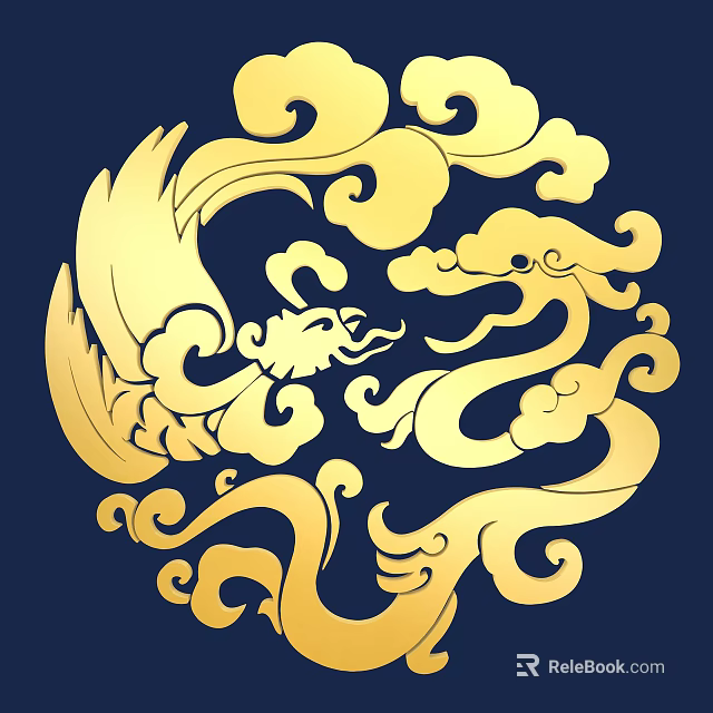 Intricate Golden Dragon Phoenix Carving with Cloud Patterns on Dark Blue Background 3d model