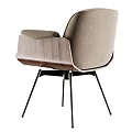Modern Beige Upholstered Accent Chair With Walnut Wooden Armrests And Black Metal Legs