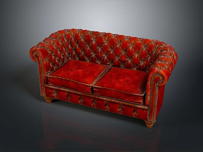 Elegant Red Velvet Tufted Two Seater Sofa With Decorative Stitching And Wooden Legs 3d model