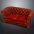 Elegant Red Velvet Tufted Two Seater Sofa With Decorative Stitching And Wooden Legs