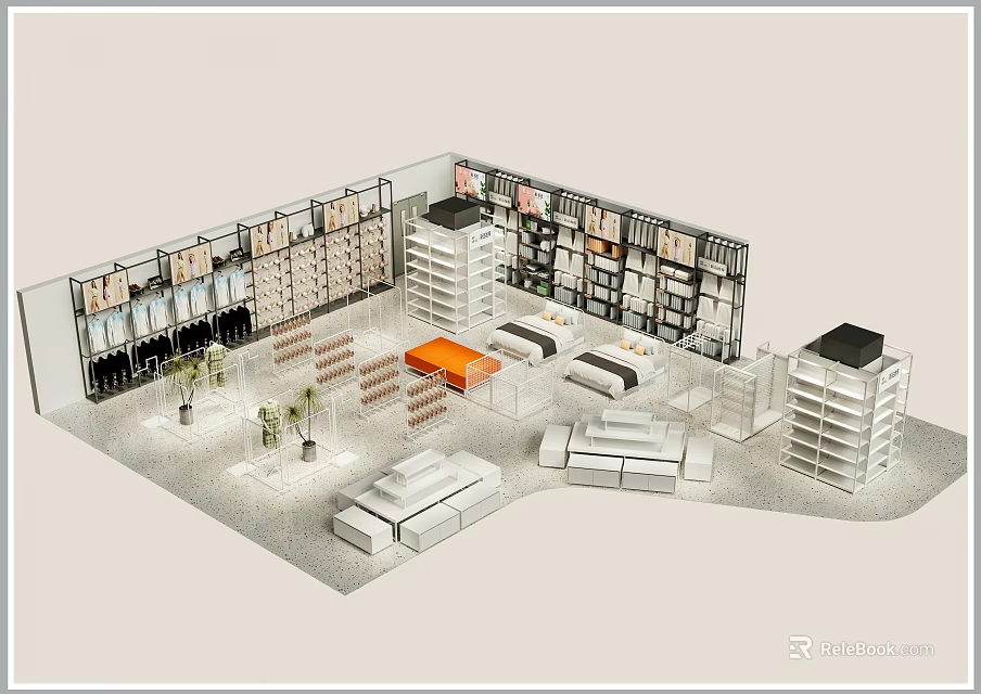 Spacious Mall Store Interior Layout With Shelves Product Displays And Open Display Areas 3d model 