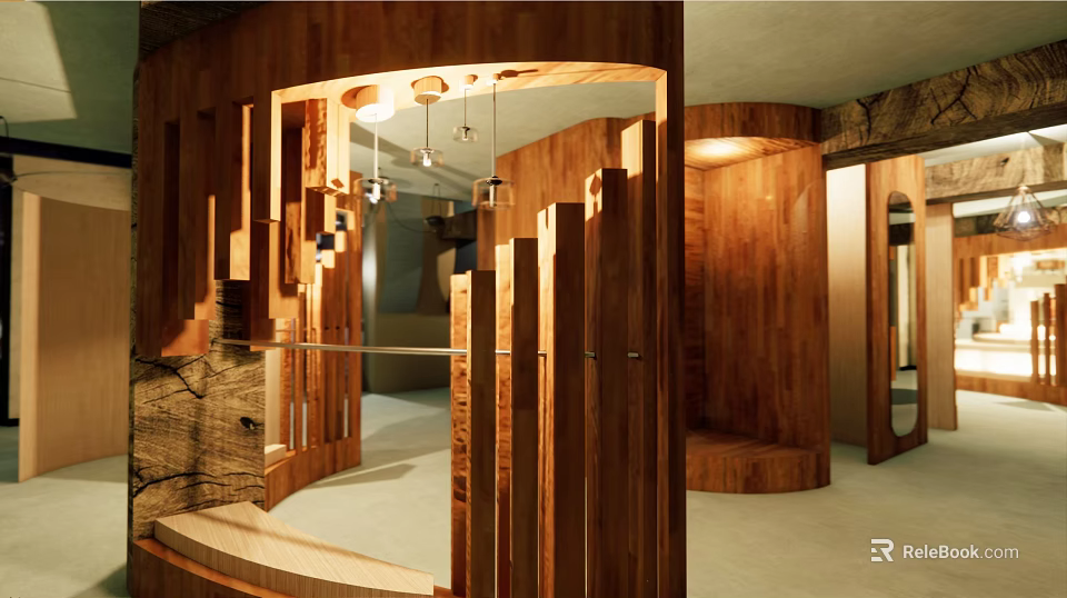 Modern Wooden Hanger Design In Stylish Interior With Mirror And Lighting Elements 3d model 