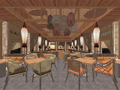 Rustic Restaurant Interior With Wooden Ceiling Woven Pendant Lights And Dining Tables 3d model